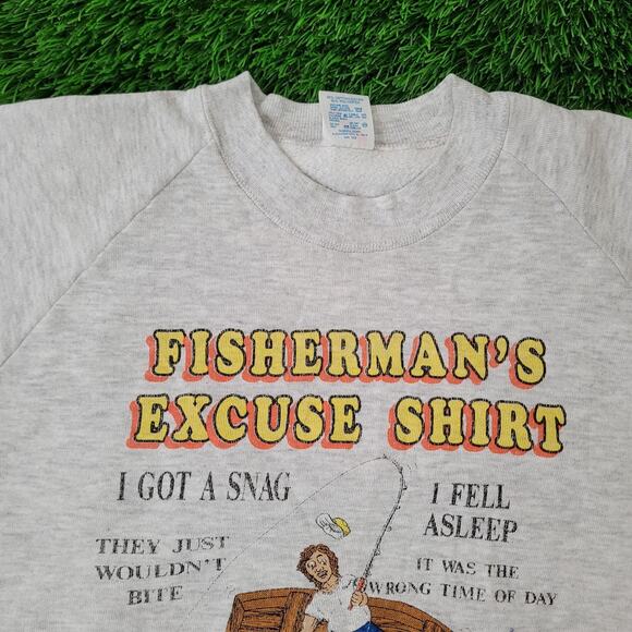 Vintage 80s Funny Fisherman Humor Sweatshirt XL 23x25 Gray - Picture 9 of 14